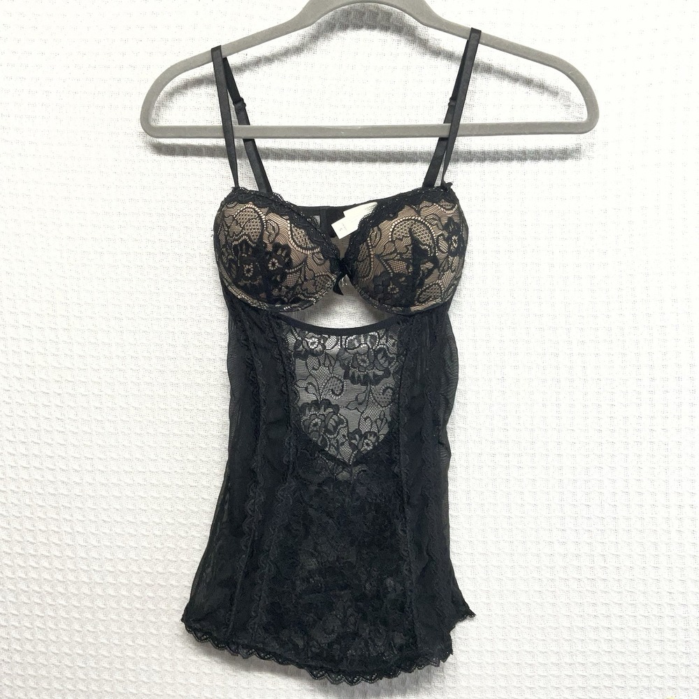 French Affair Babydoll  Lingerie  Padded Lace Adjustable Strap Black Size S